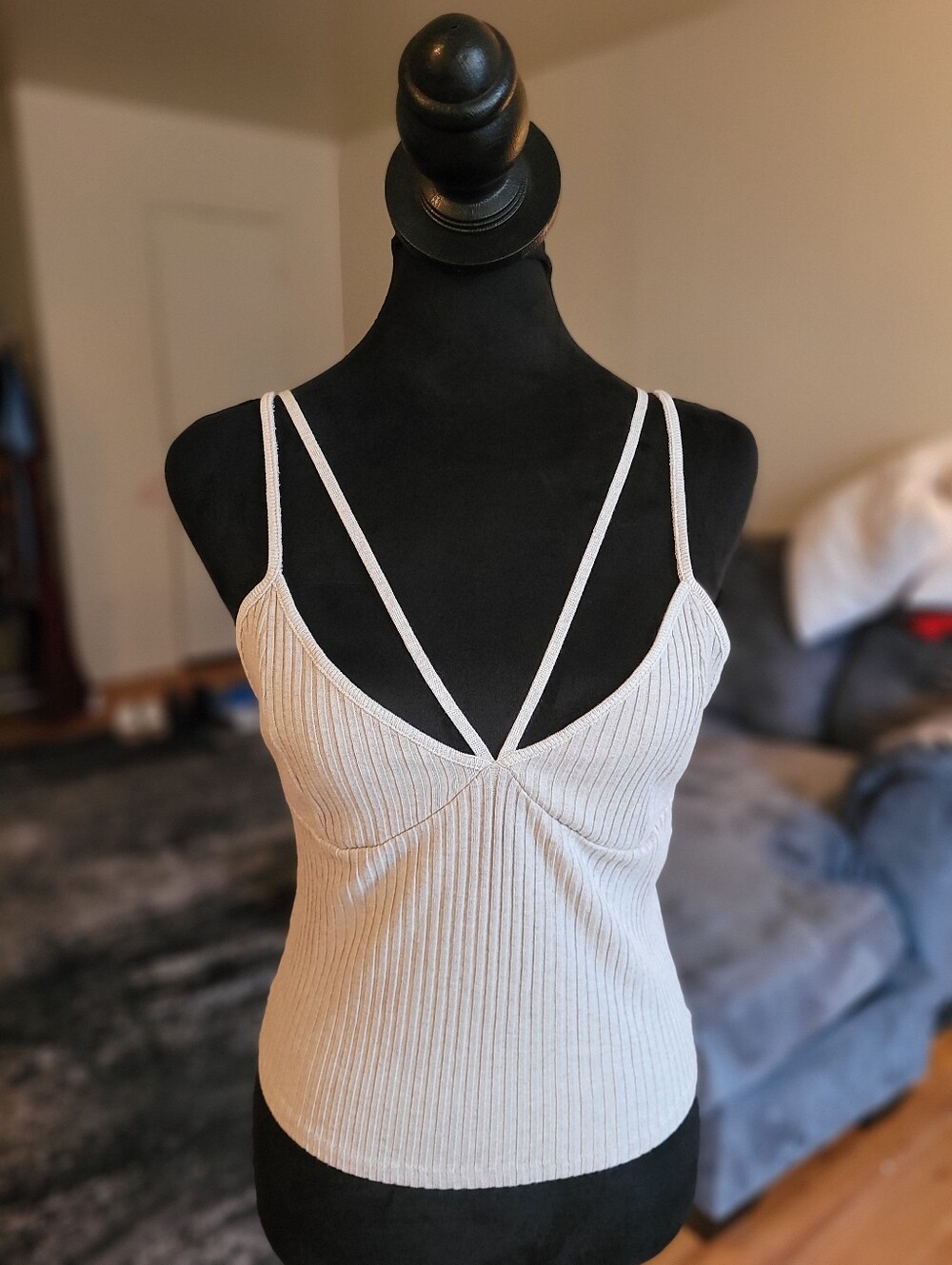 Zara Women’s Ribbed Strappy Tank Top - Cream Size Large